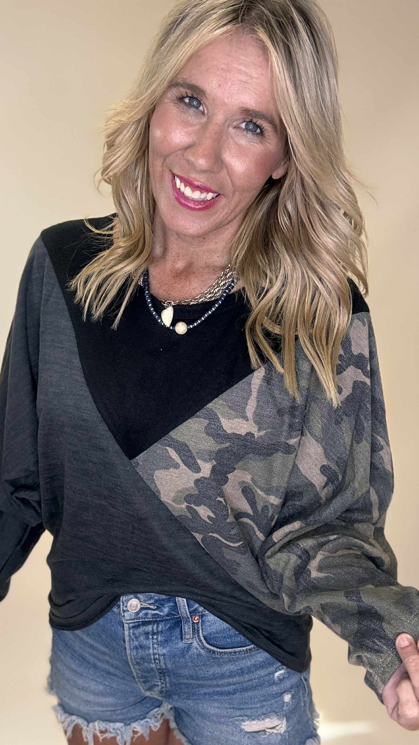 Brushed Hacci Color Block Top With Camouflage (3 COLORS)