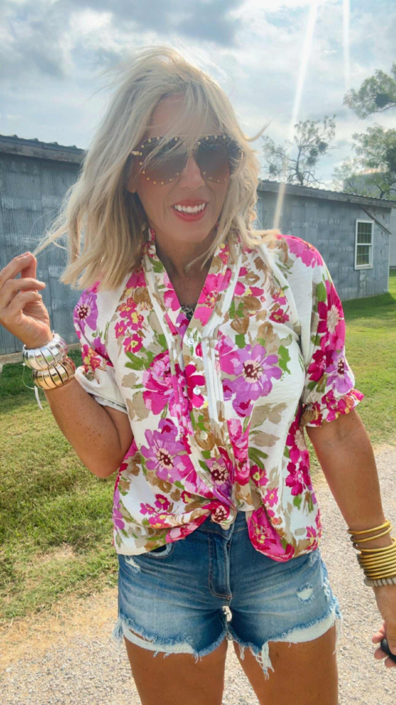 Floral Print Pintuck Detail Split Neck Blouse Top