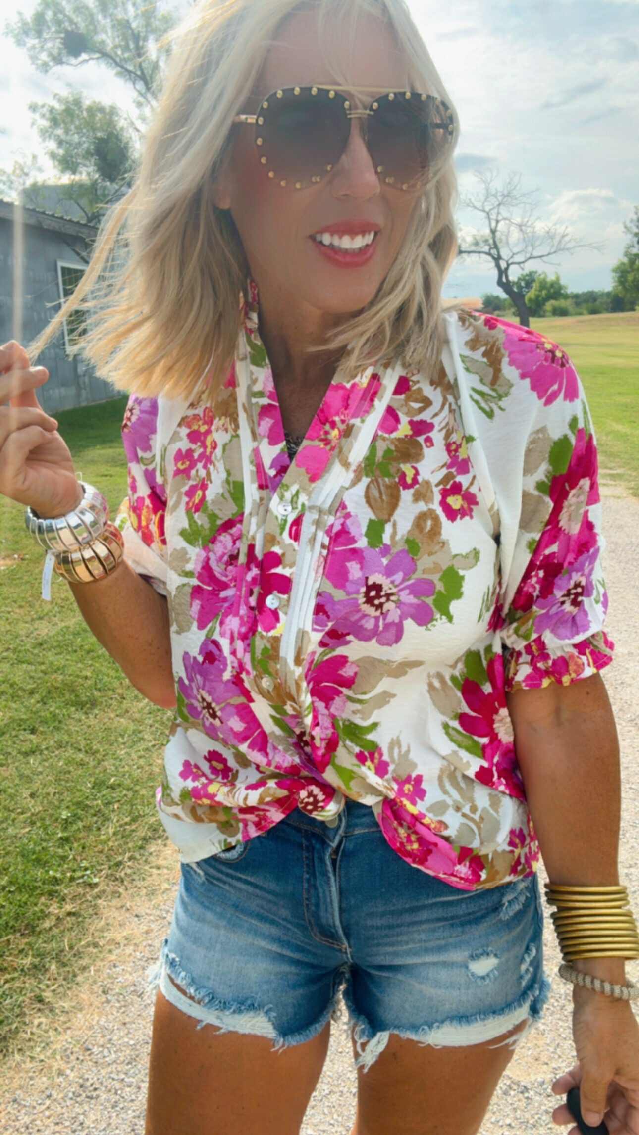 Floral Print Pintuck Detail Split Neck Blouse Top