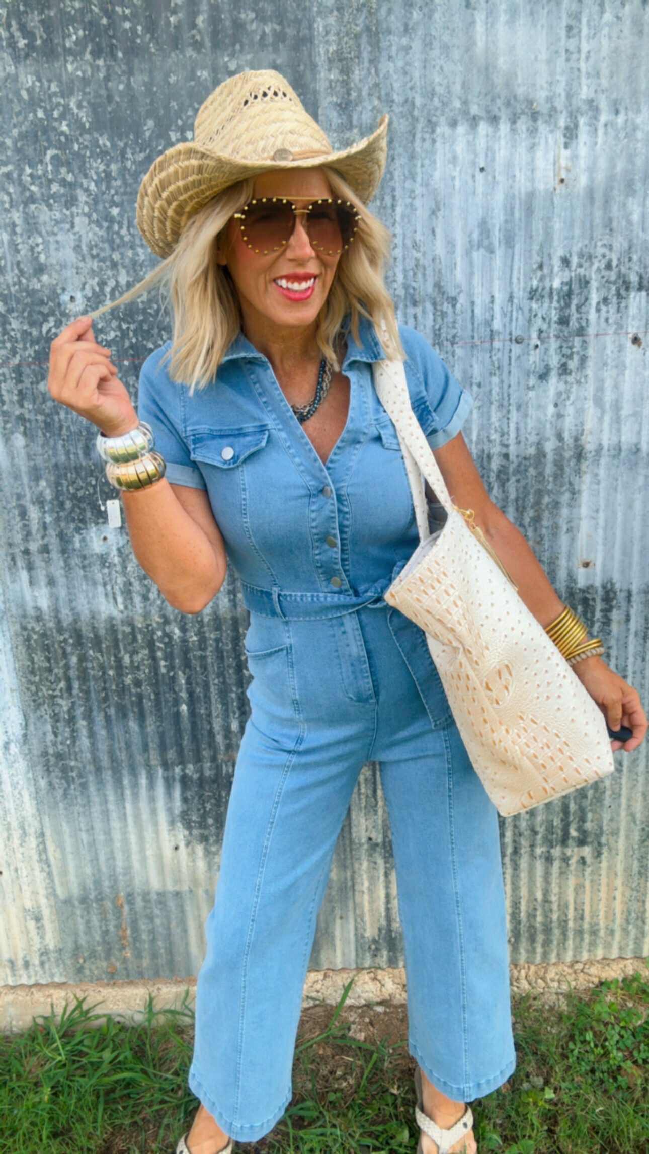 Short Sleeve Solid Denim Jumpsuit