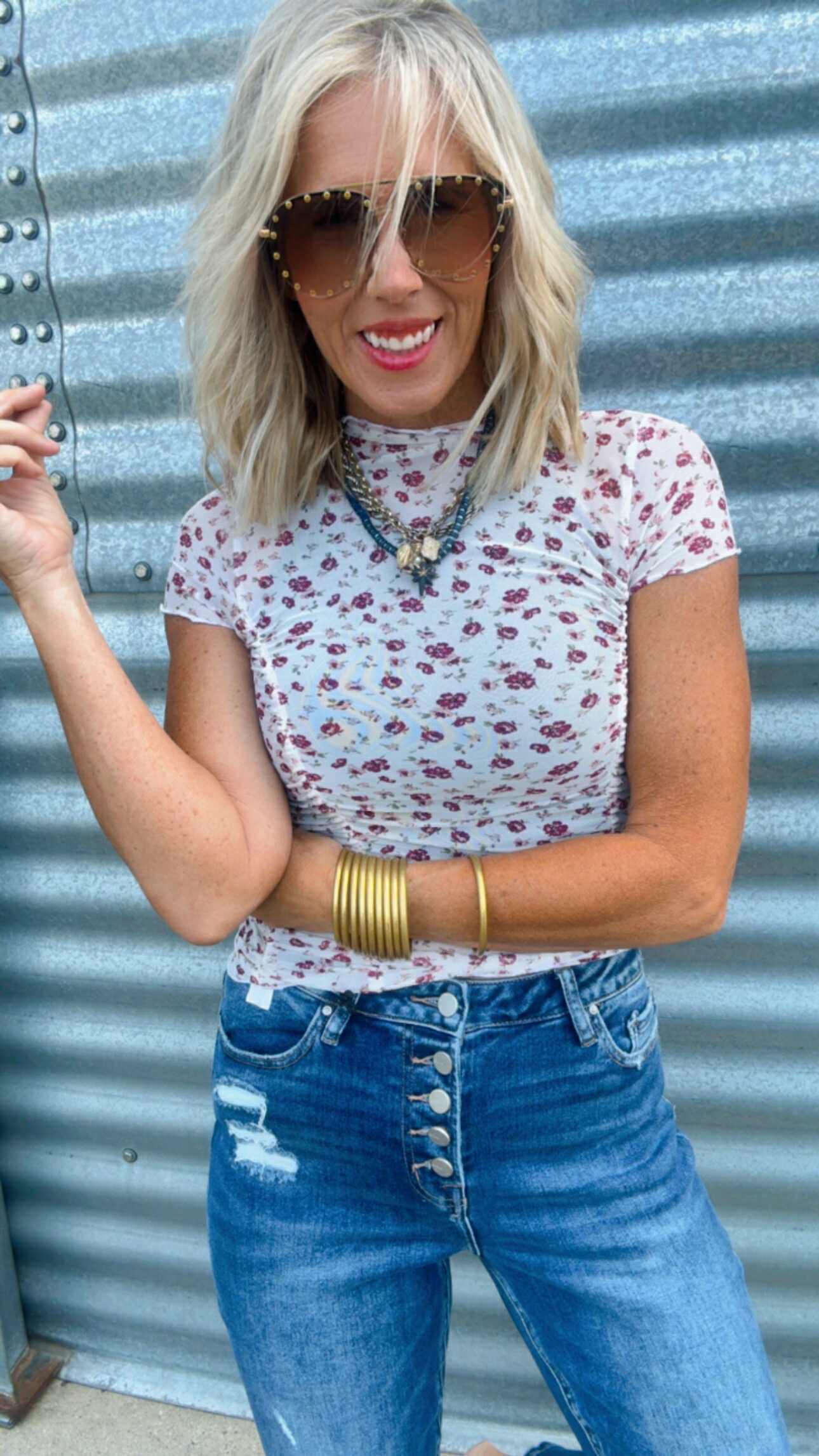 Frill Hem Floral Mesh Sheer Shirred Top | KORI