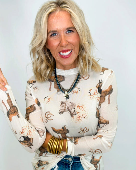 Western Saddle Semi Sheer Mesh Top