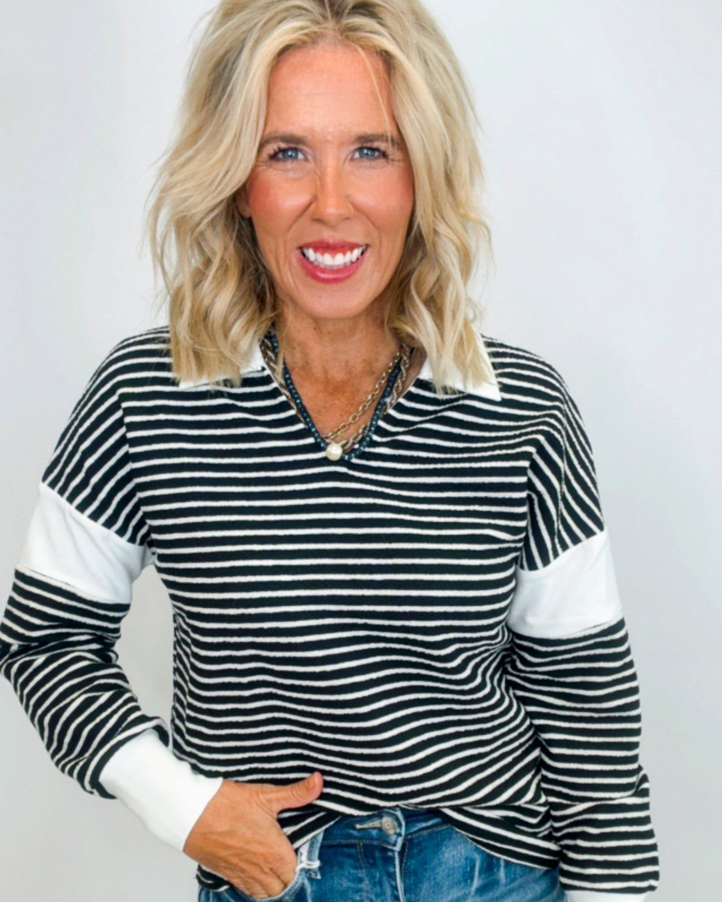 Ivory/Black Striped Collared Pullover Top