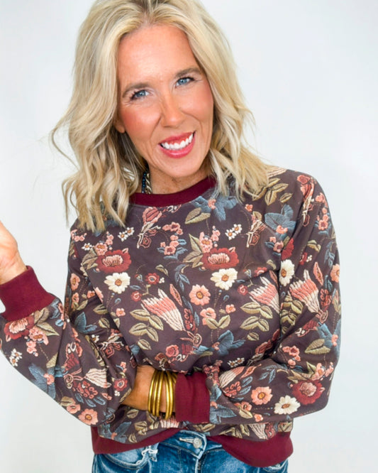 Burgundy Floral Terry Sweater