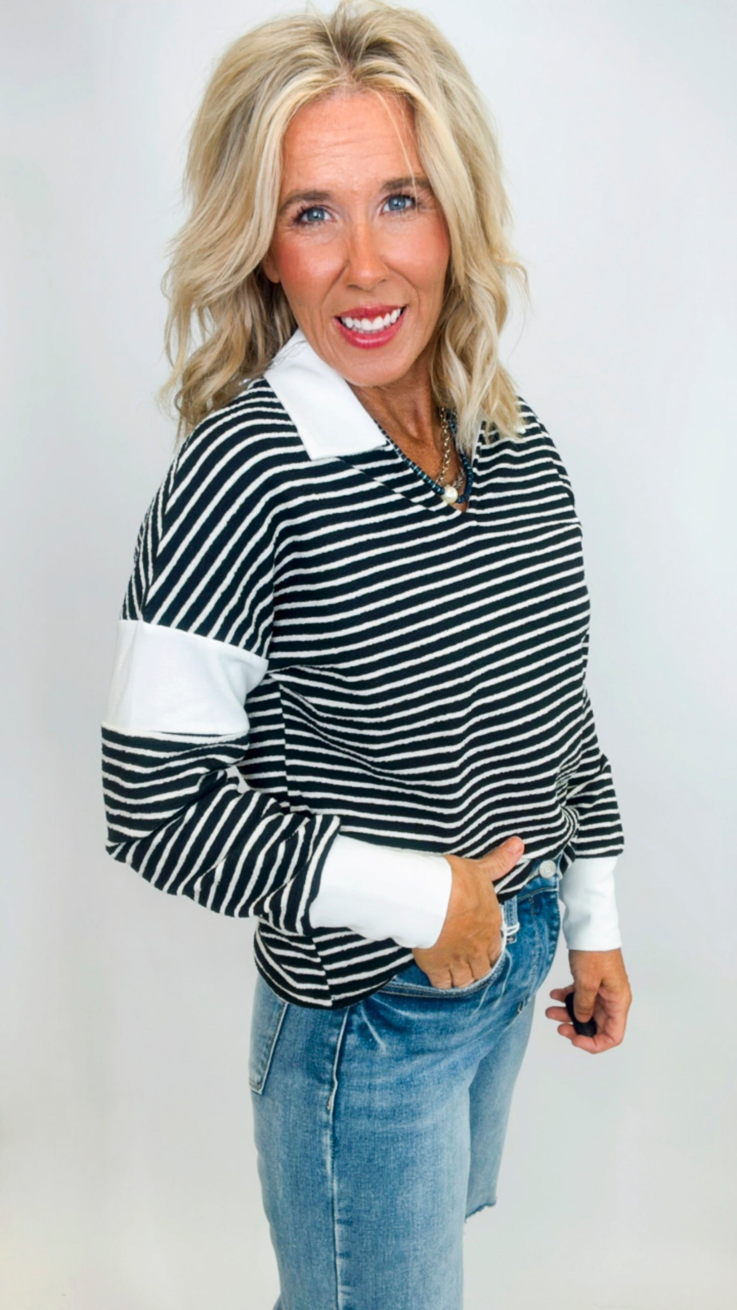 Ivory/Black Striped Collared Pullover Top
