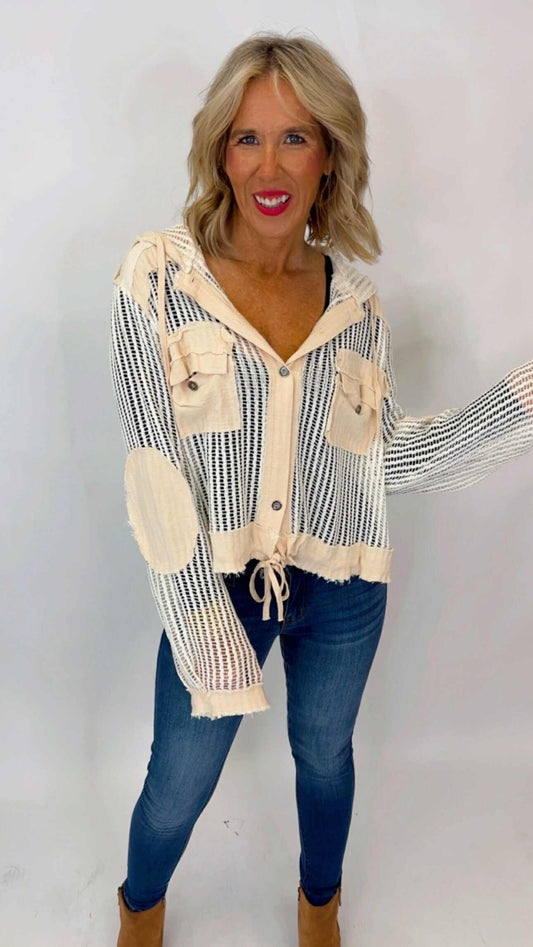 Cream Frayed Edge Button Down Hoodie | POL