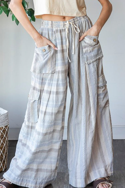 Washed 3D Pocket Narrow Stripe Wide Leg Pants | Oli & Hali
