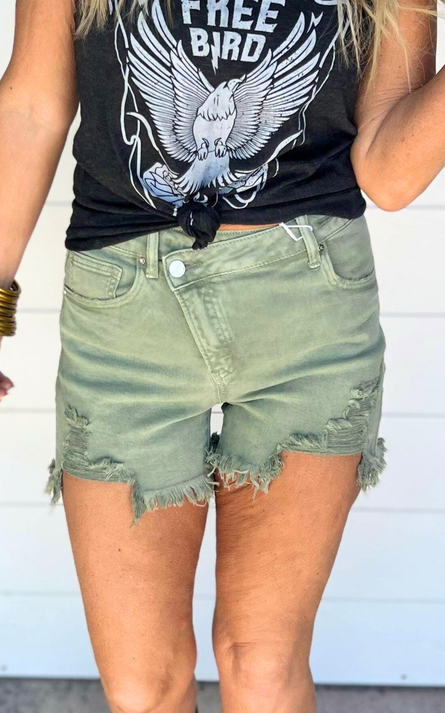 Olive High Rise Crossover Denim Shorts | Risen | FINAL SALE
