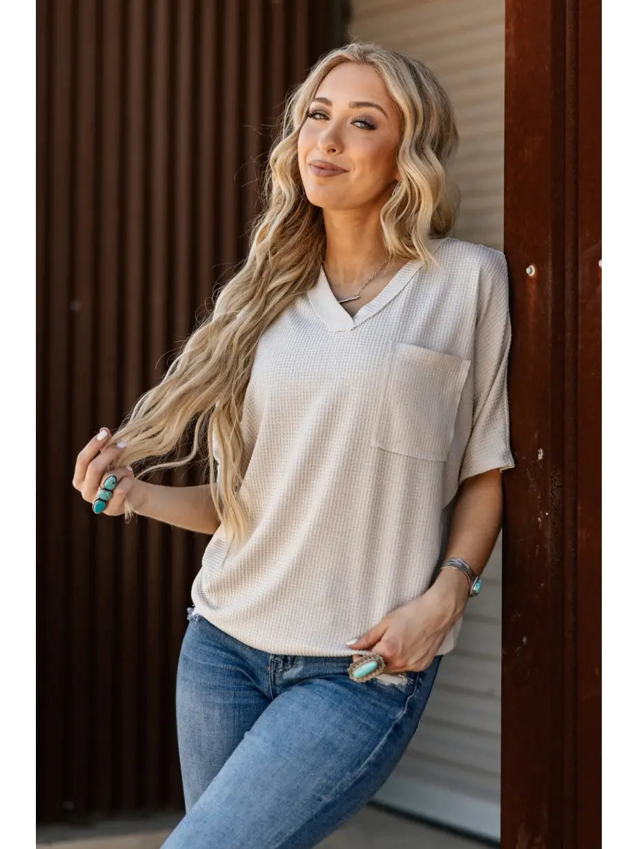 Two Tone Waffle V-Neck Dolman Sleeve Top - DEAL