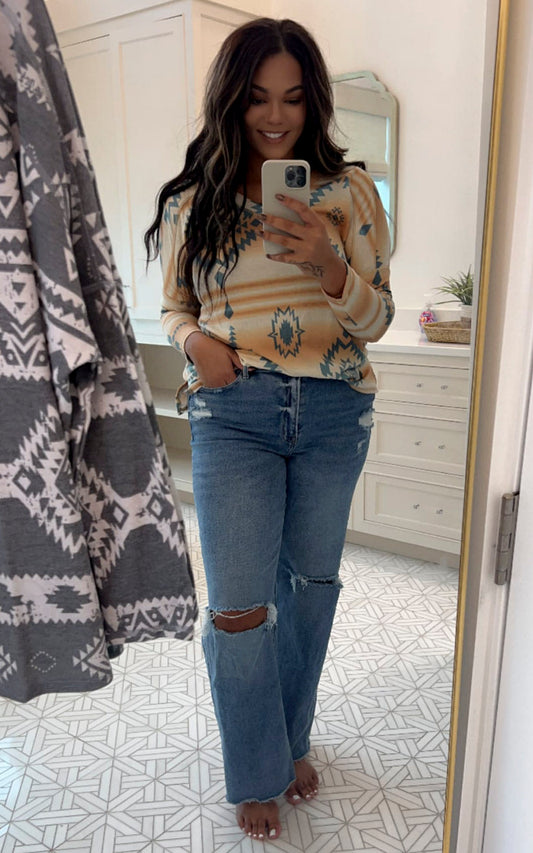 Aztec Print French Terry V-neck Top - Final Sale