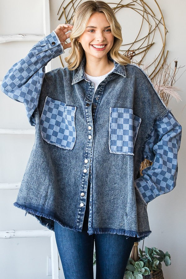 Mineral Washed Checkered Denim Shacket | OLI & HALI