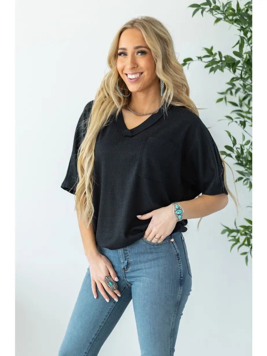 Two Tone Waffle V-Neck Dolman Sleeve Top - DEAL