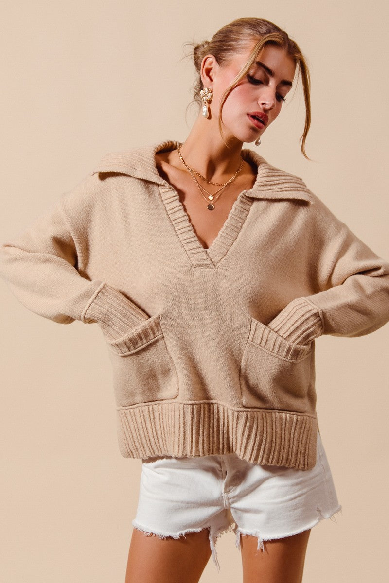 Flap Collar Sweater Pullover Top With Patch Pocket (3 COLORS) | SO ME *LA LIVE PREORDER 3.2.1