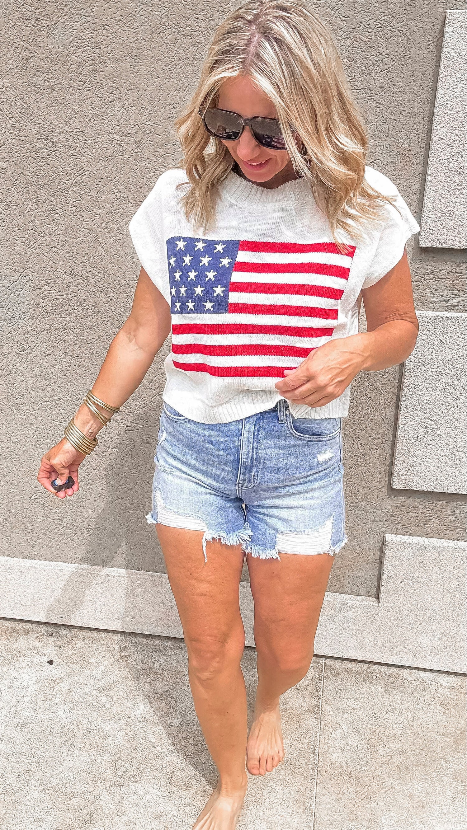Lightweight knit flag sweater sleeveless top, perfect for July 4th outfi