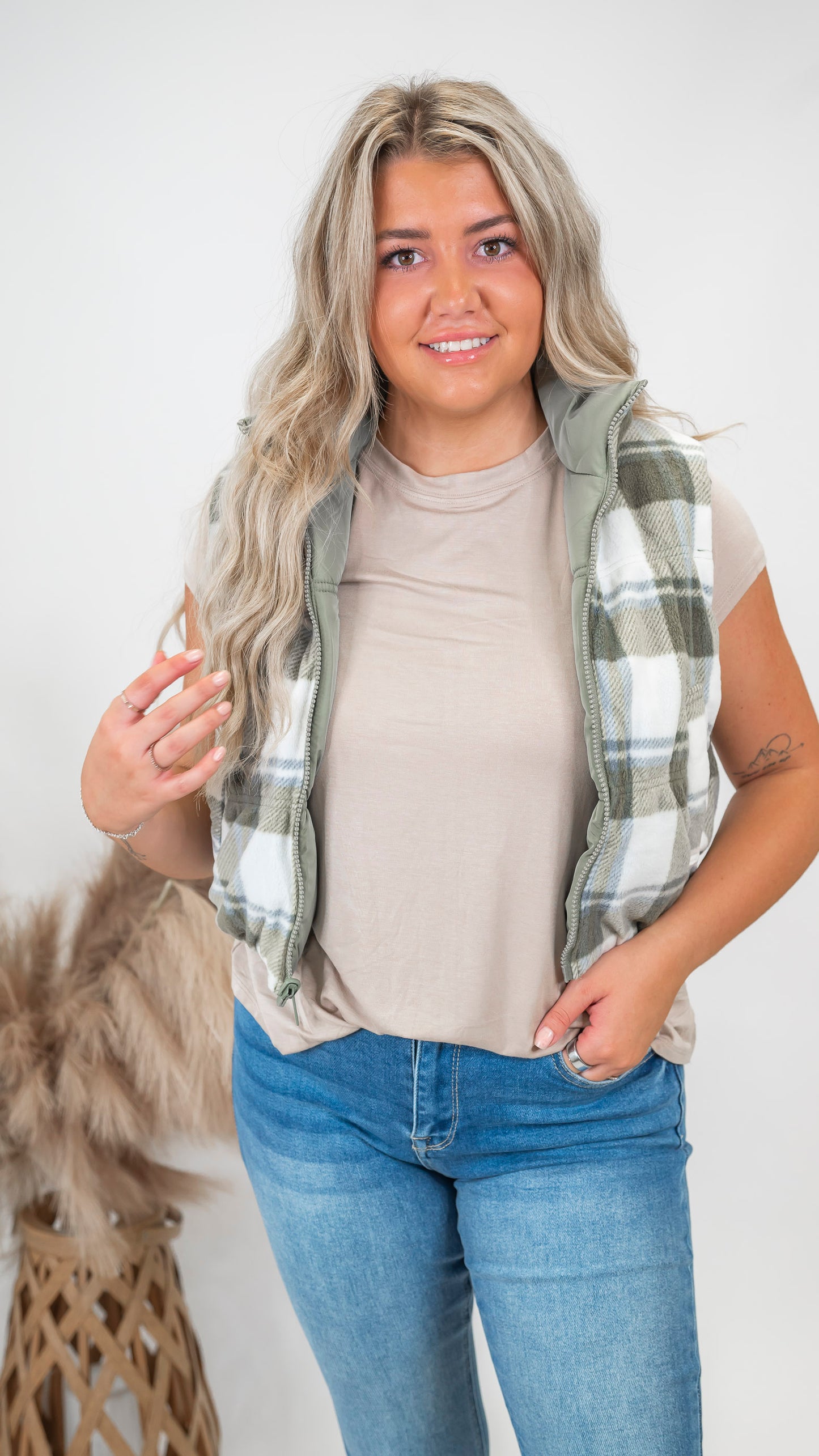 Olive Stone Full-zip Reversible Plaid Puffer Vest