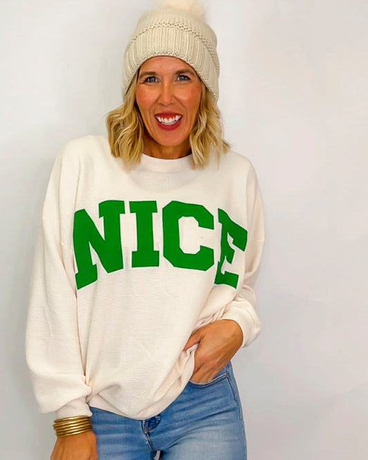 "Nice" Cloudy Knit Long Sleeve Graphic Top