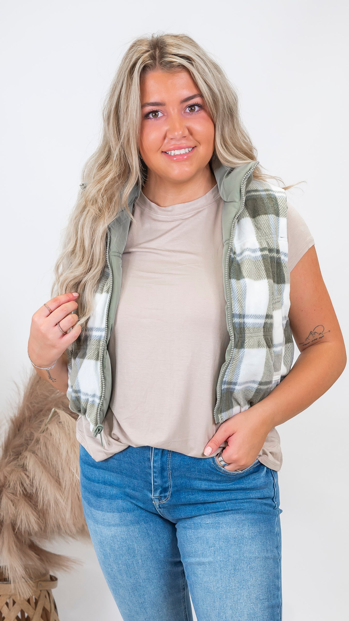 Olive Stone Full-zip Reversible Plaid Puffer Vest