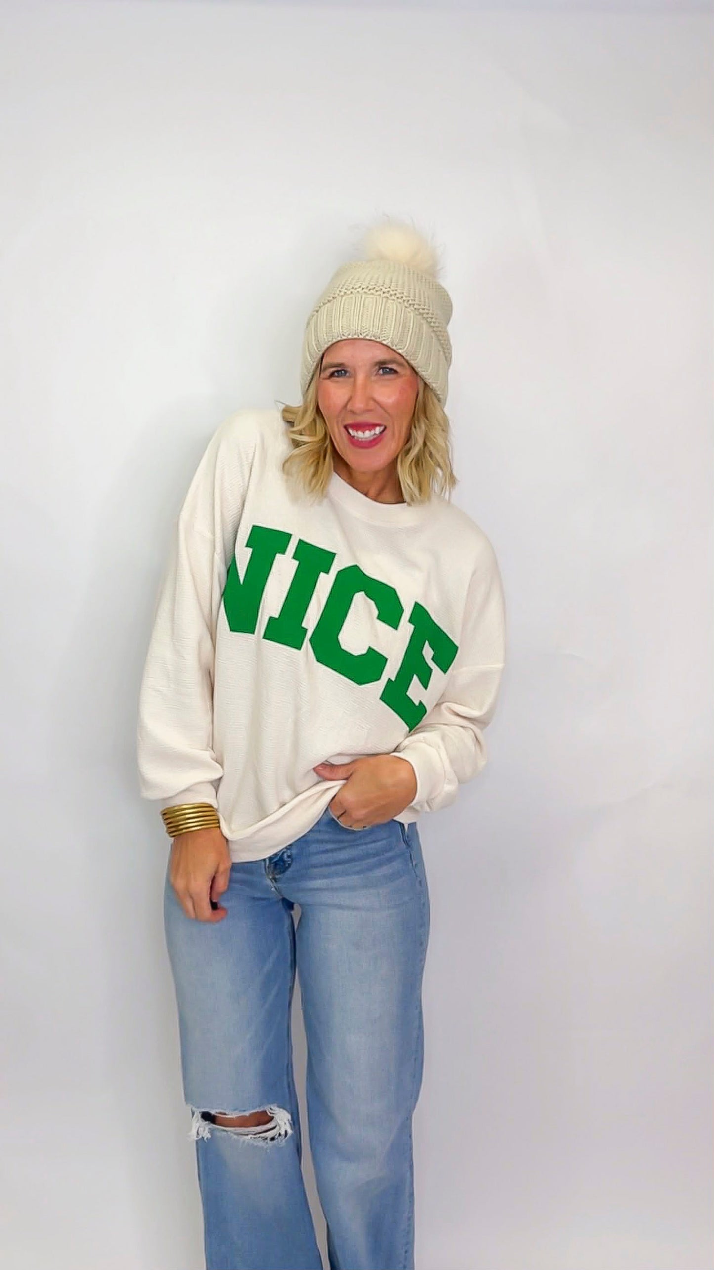 "Nice" Cloudy Knit Long Sleeve Graphic Top