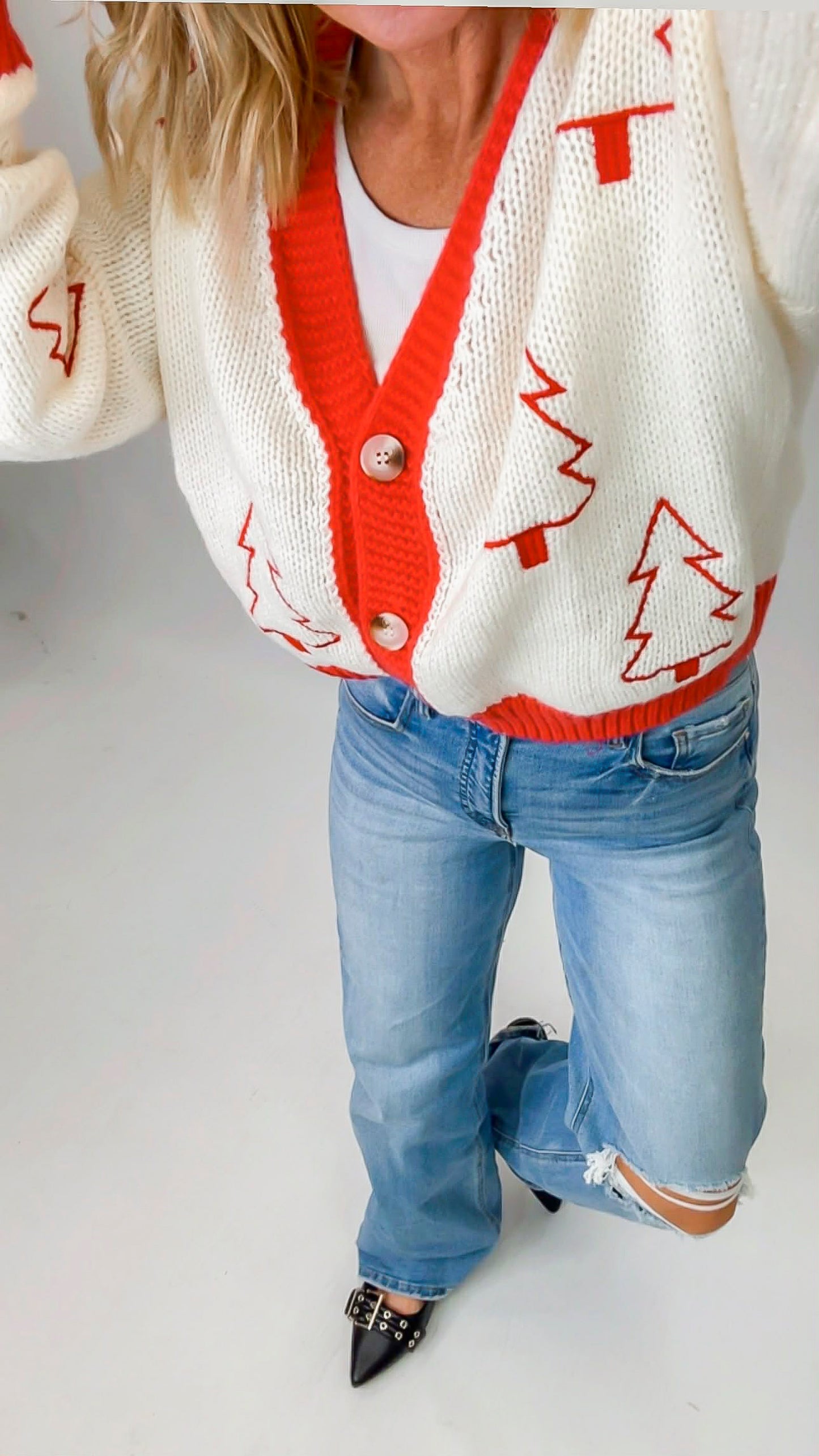 Tree Embroidered Contrast Sweater Cardigan