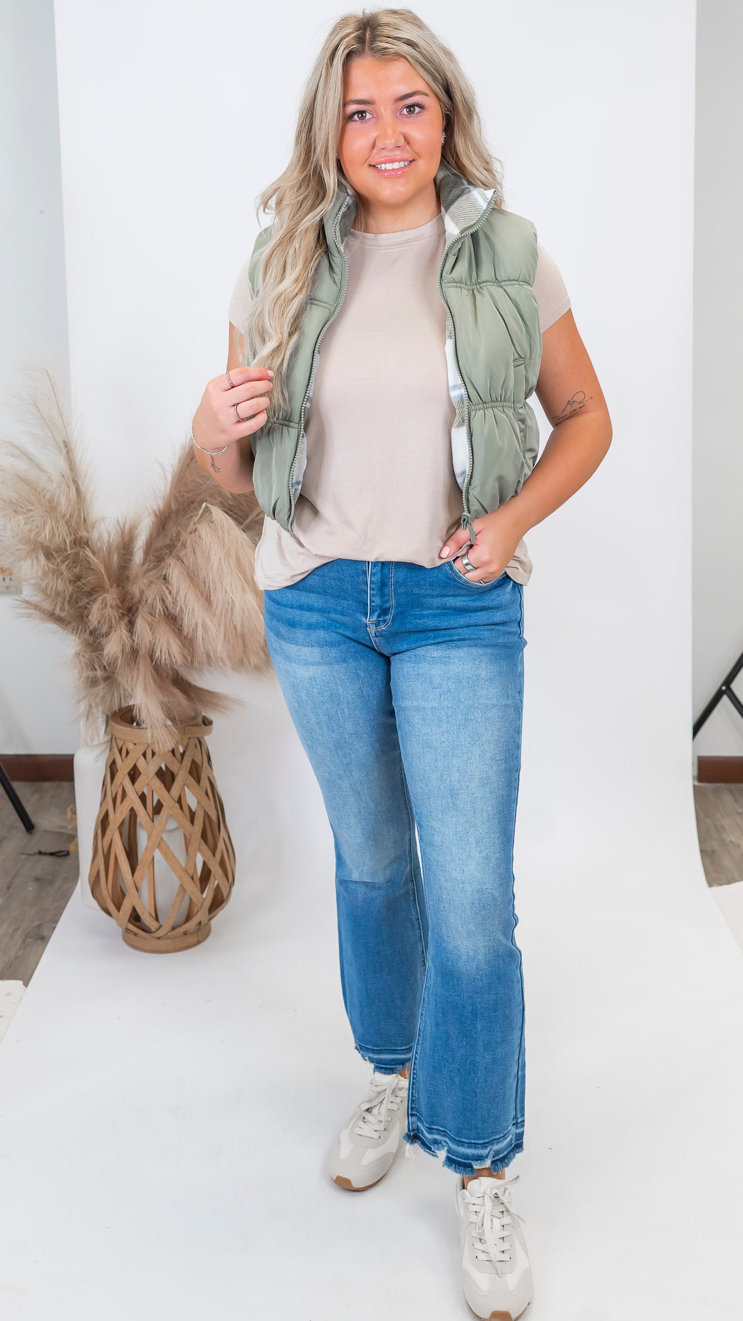 Olive Stone Full-zip Reversible Plaid Puffer Vest