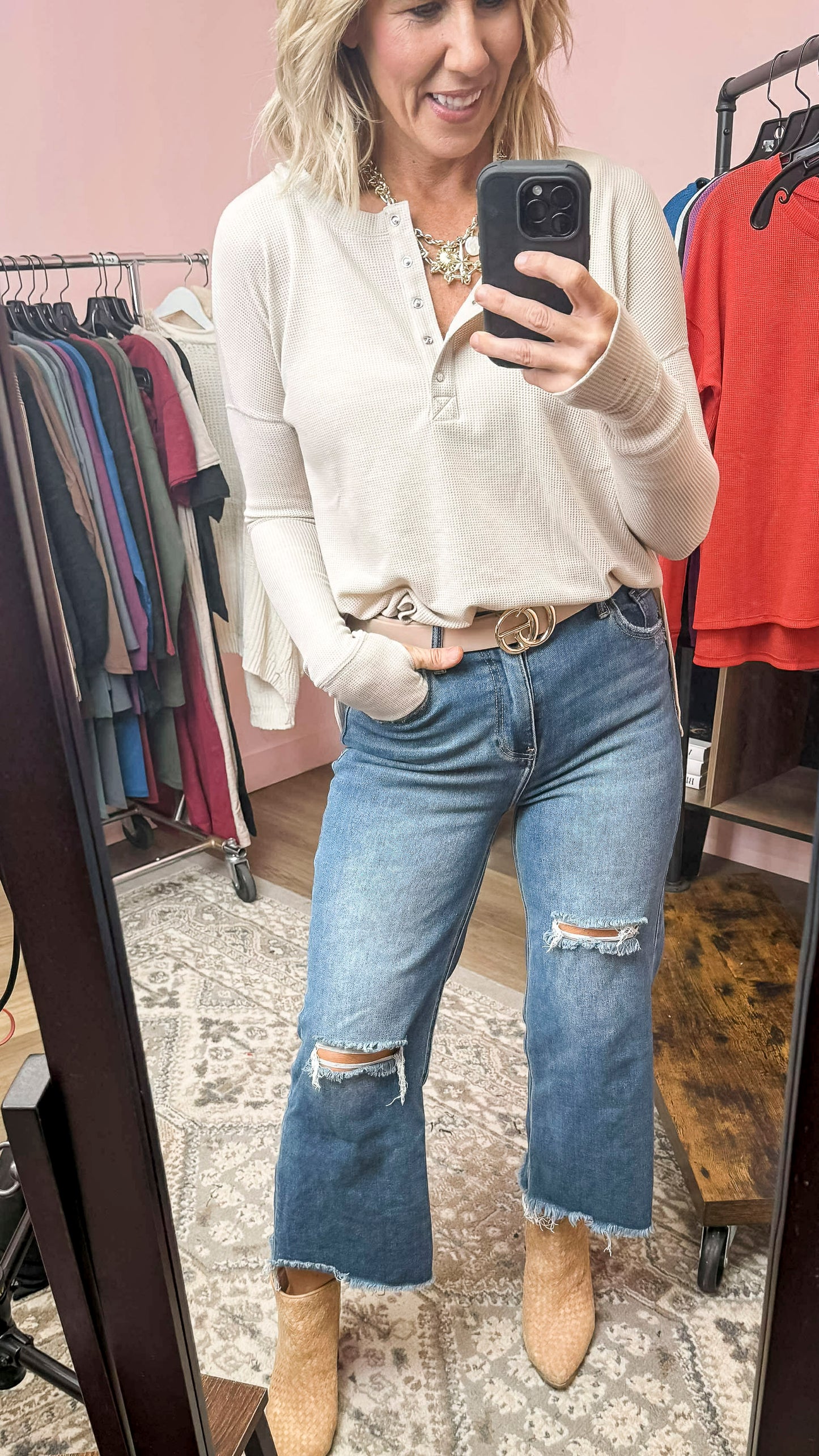 Waffle Thumb Hole Cuffs Henley Tee (6 COLORS) | ZENANA *LA LIVE PREORDER**
