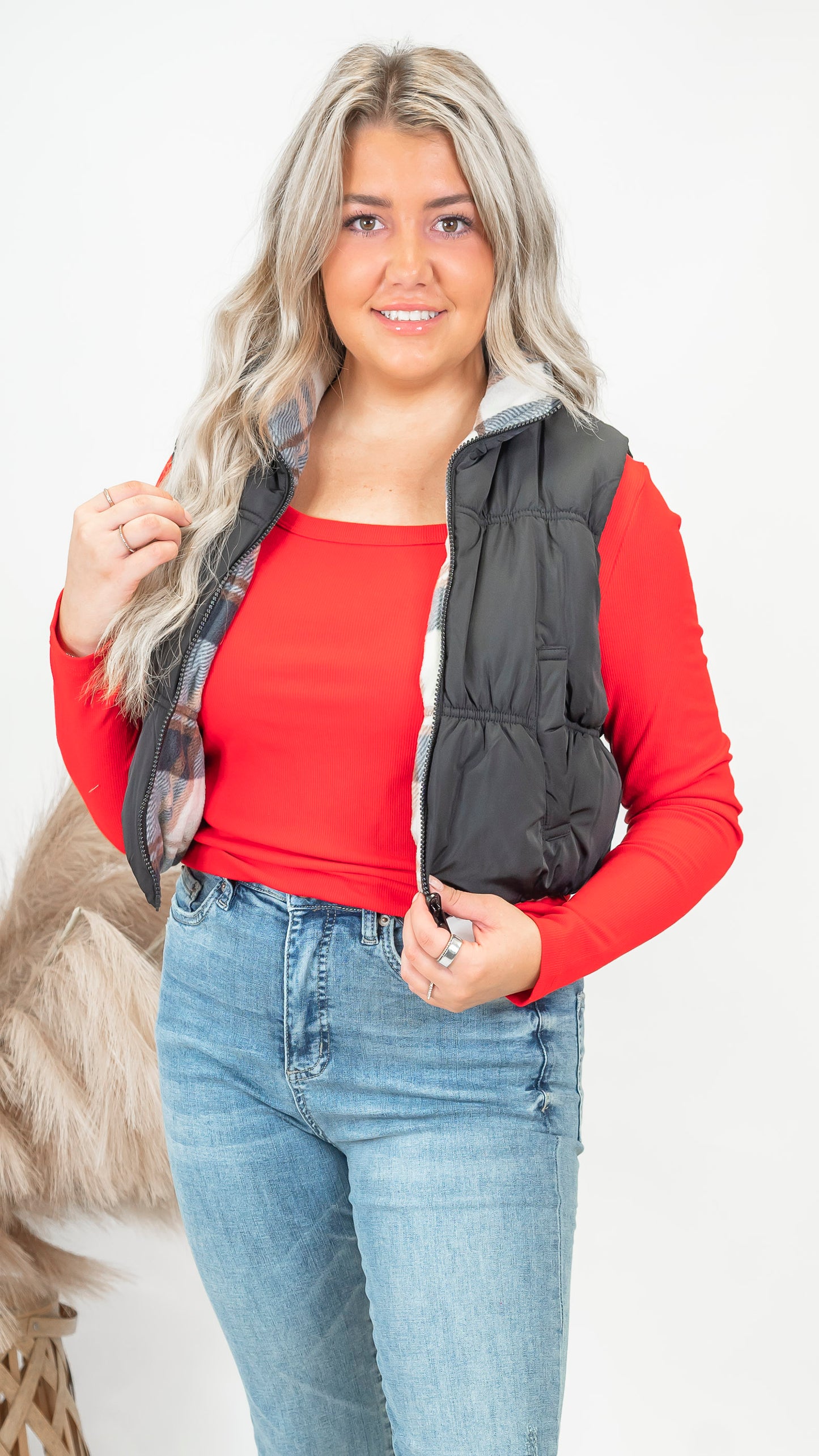Black Full-zip Reversible Plaid Puffer Vest *DEAL*