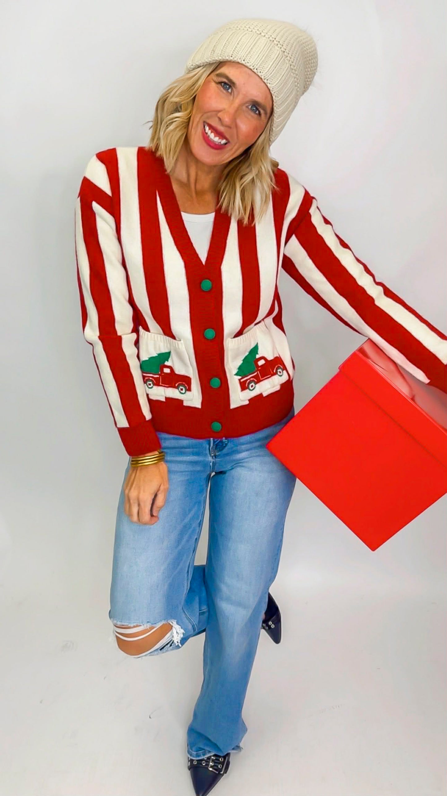 Christmas Truck Pocket Stripe Cardigan