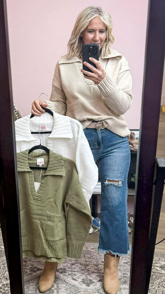 Flap Collar Sweater Pullover Top With Patch Pocket (3 COLORS) | SO ME *LA LIVE PREORDER 3.2.1