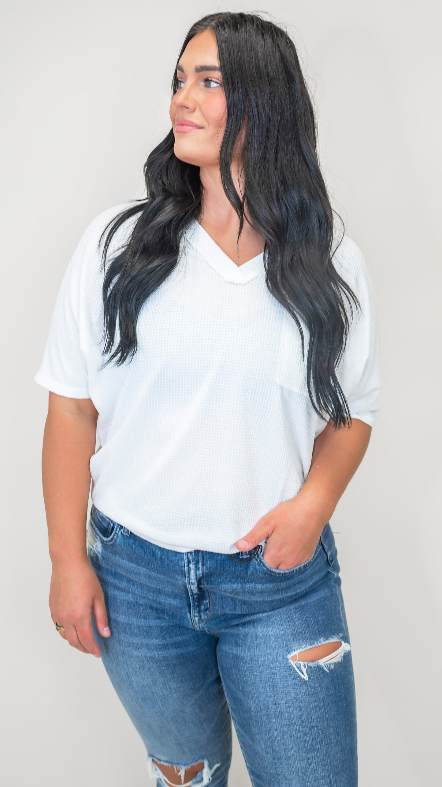 Two Tone Waffle V-Neck Dolman Sleeve Top - DEAL