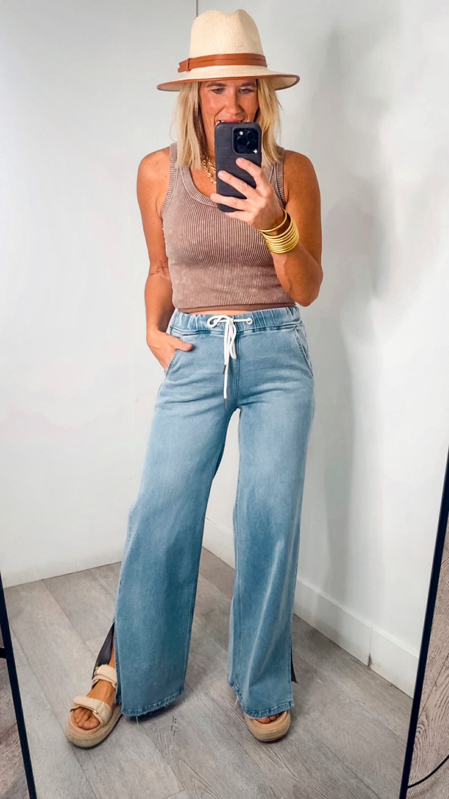 High Rise Drawstring Waistband Slit Wide Leg Jeans | LOVERVET by VERVET *LA LIVE PREORDER 34% OFF