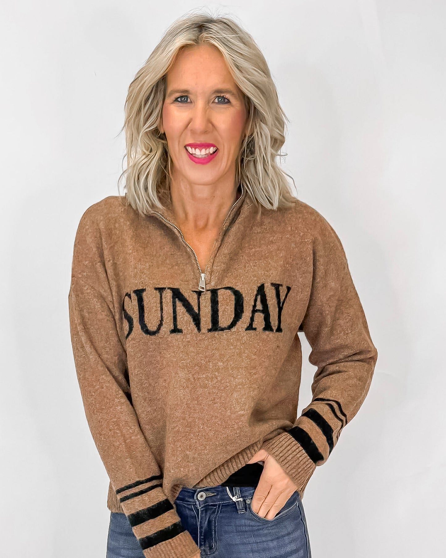 Half Zip Up Sunday Lettering Sweater *DEAL