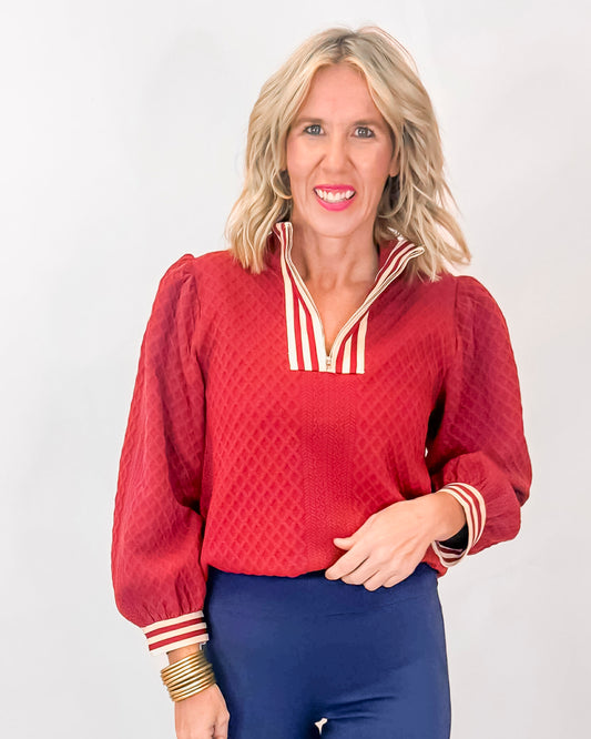 Front Zip Up Textured Top