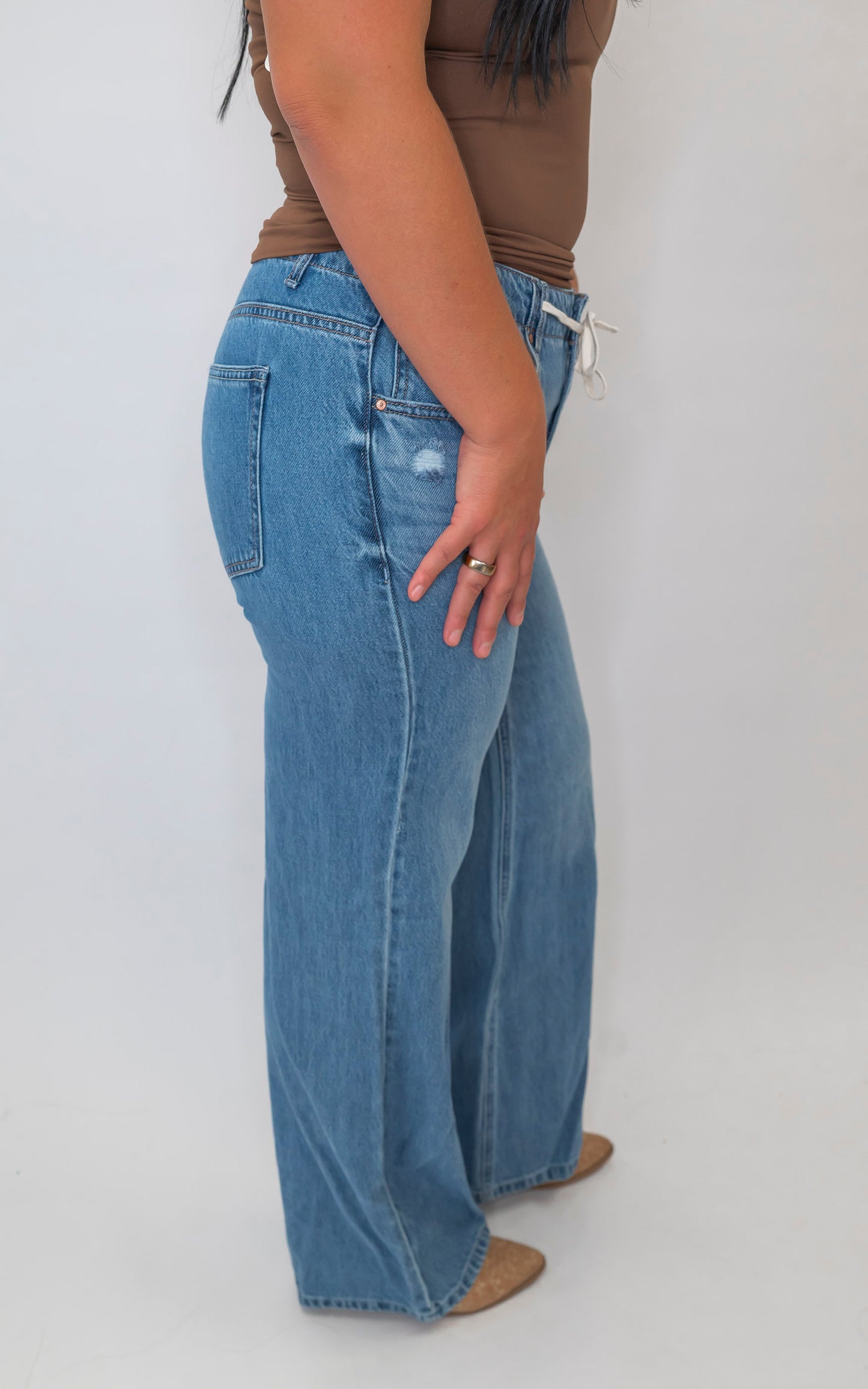 Baggy Wide Denim Jeans With Waist String