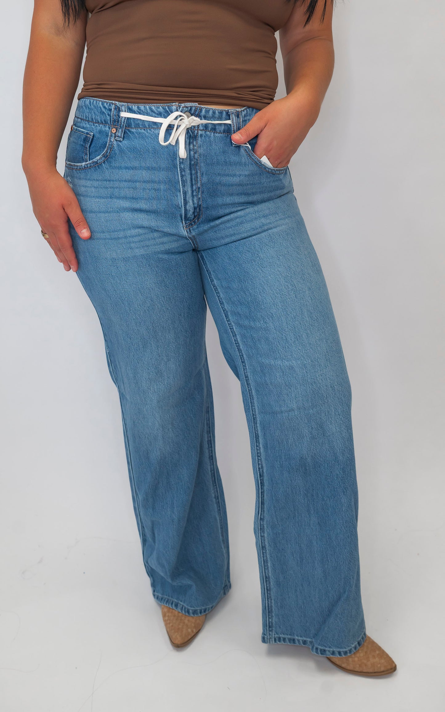 Baggy Wide Denim Jeans With Waist String