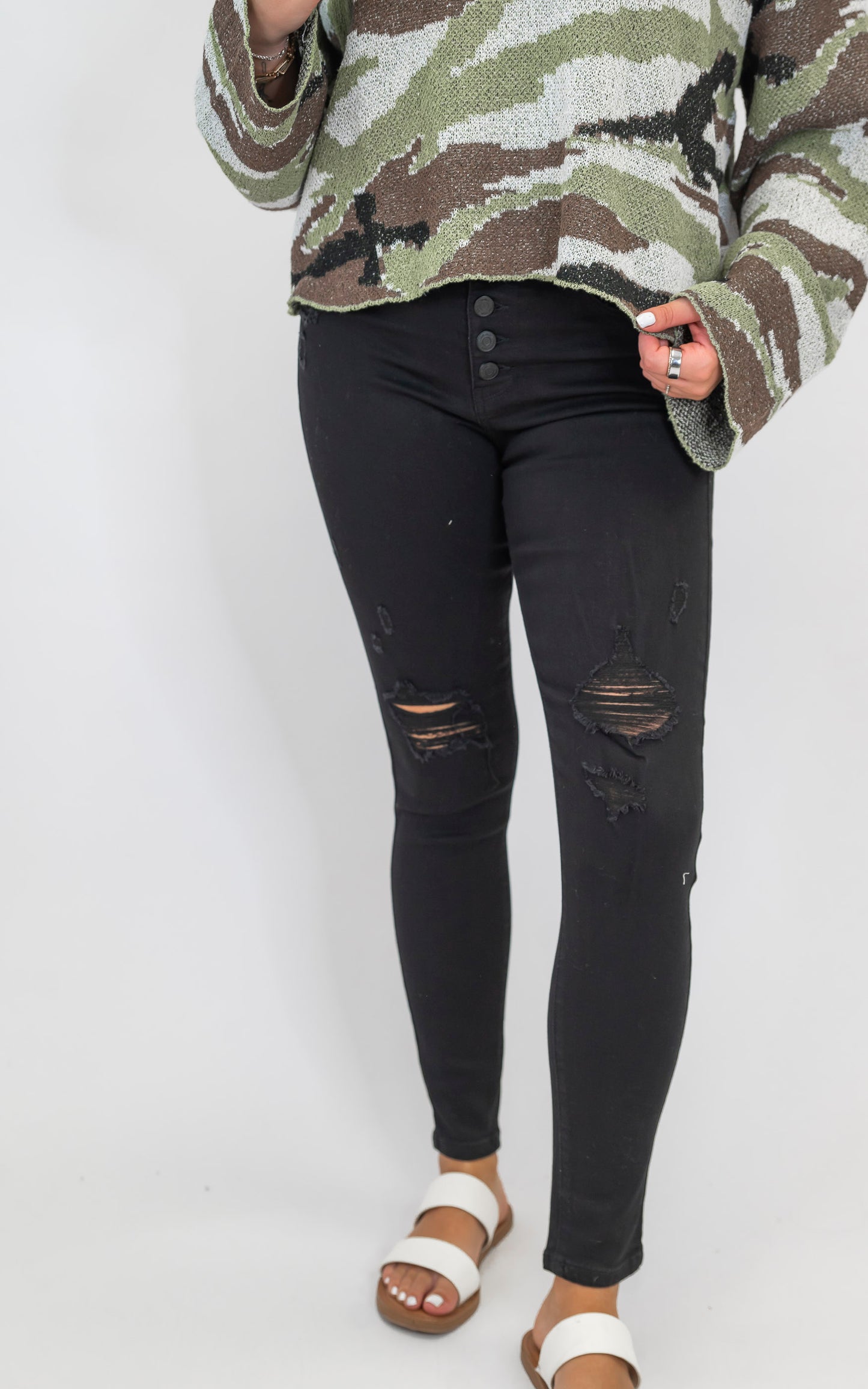 Black 5-Button Destructed Ankle Skinny Denim Jeans