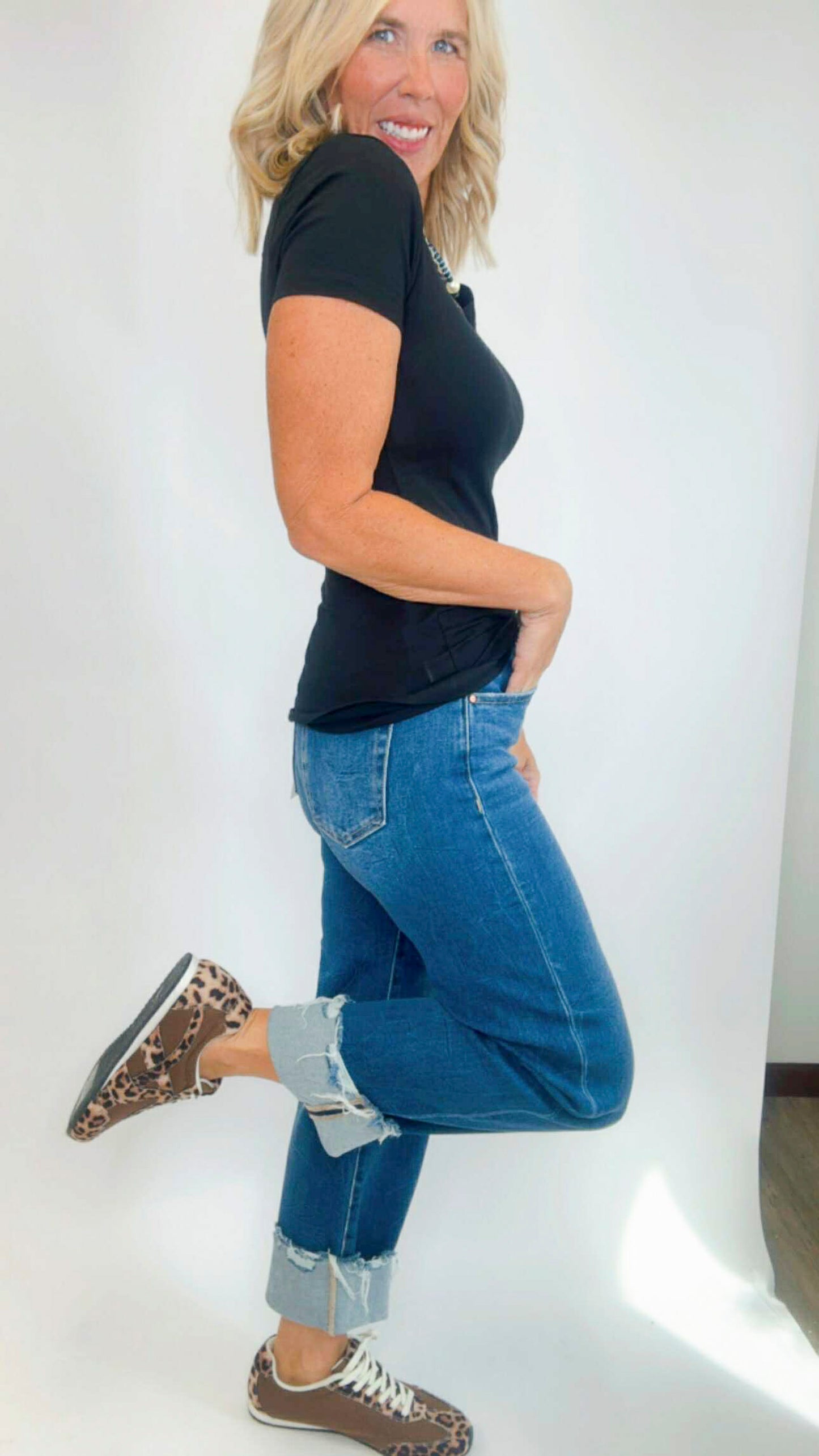 High Rise Crop Boyfriend Cuffed Denim Jeans | RISEN
