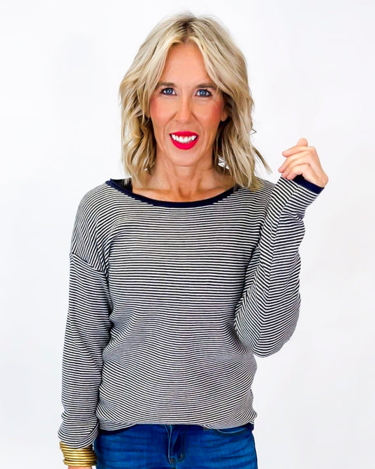 Dark Navy Waffle Texture Long Sleeve Pullover Sweater