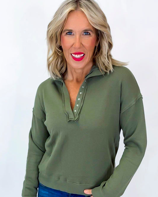 Dark Green 1/2 Snap Pullover Sweater Top