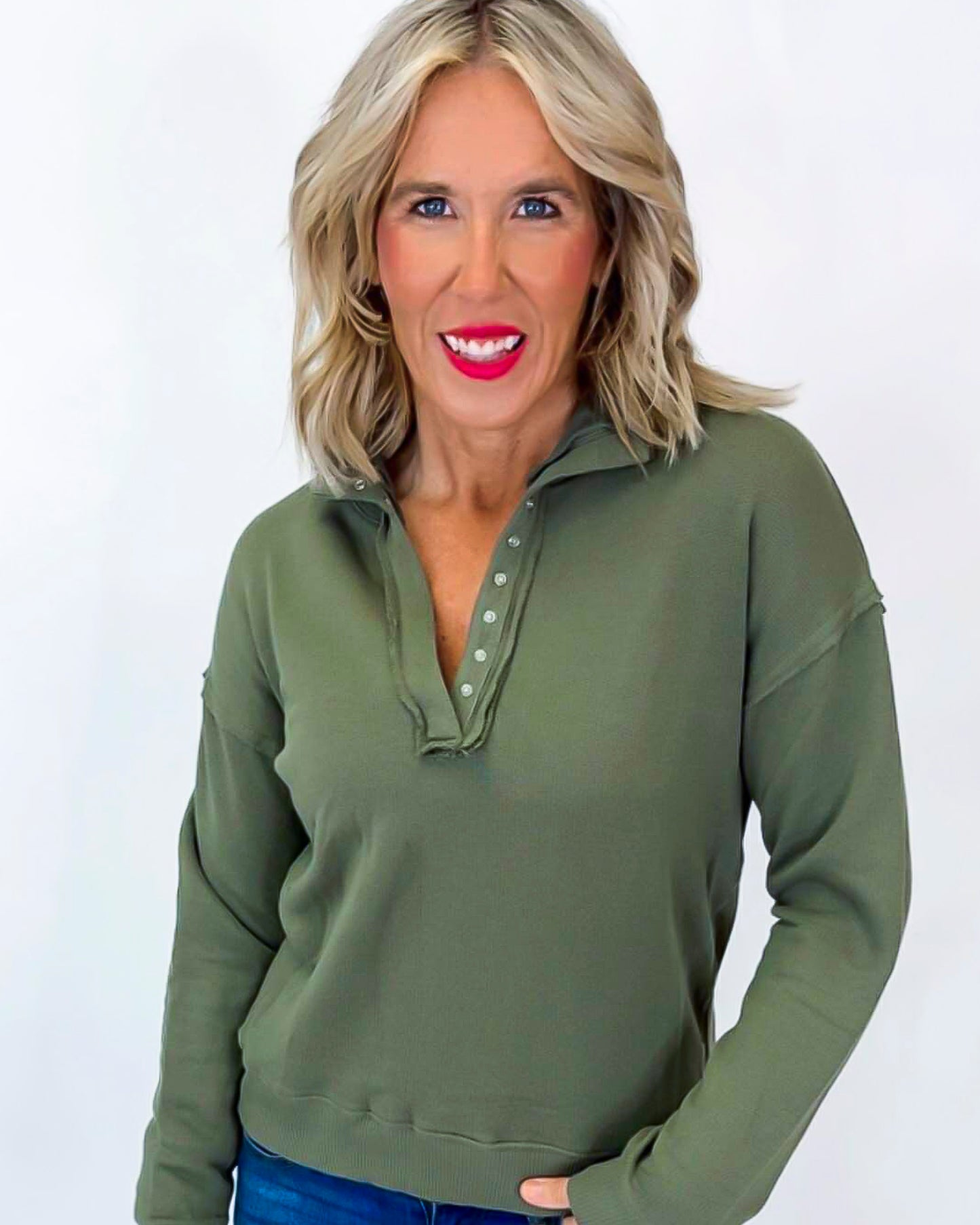 Dark Green 1/2 Snap Pullover Sweater Top