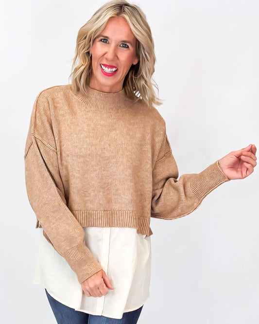 Oatmeal Sweater Knit With Woven Mix Match Top