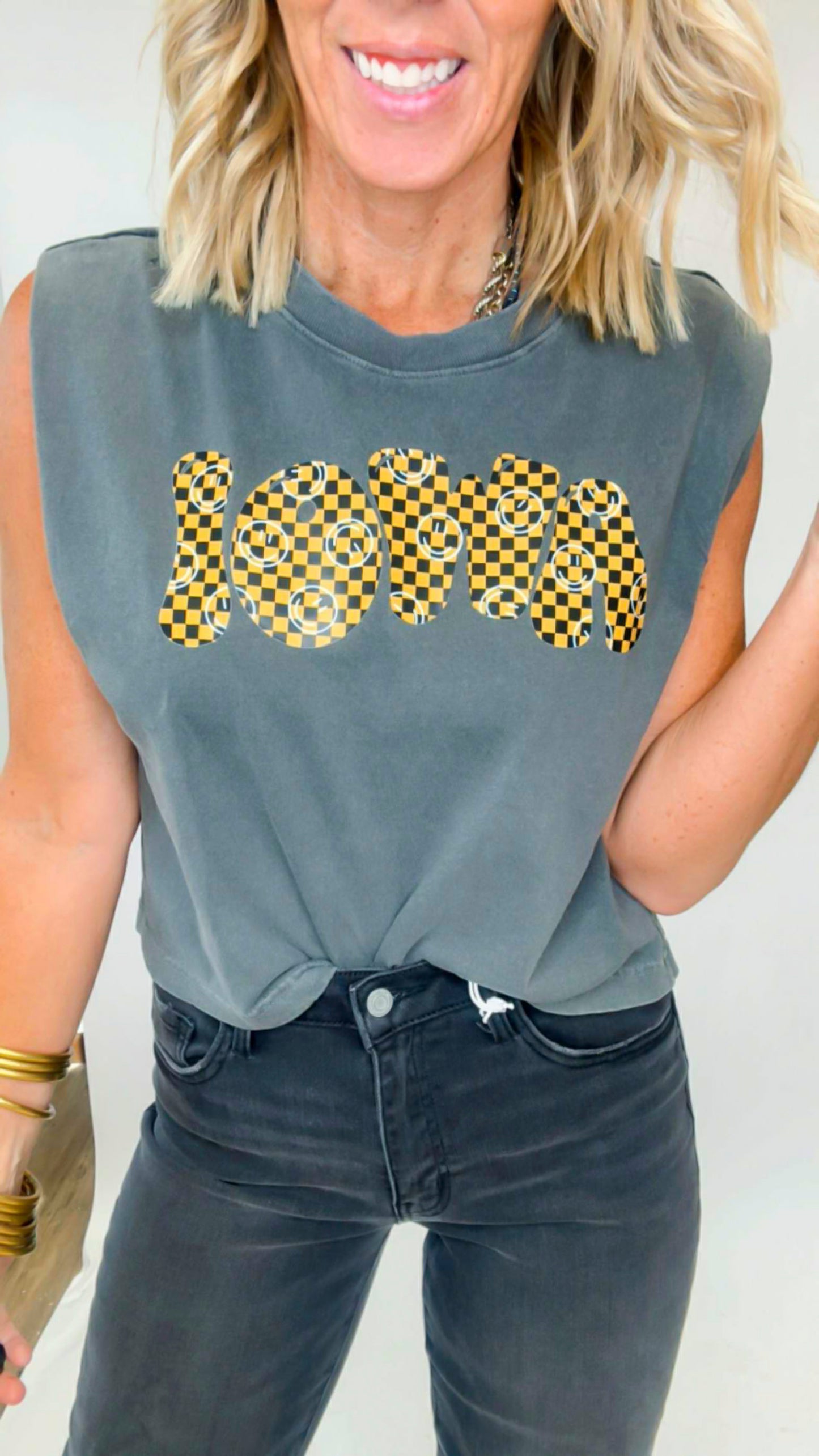 Smiley Iowa Game Day Garment Dyed Graphic Muscle Tee