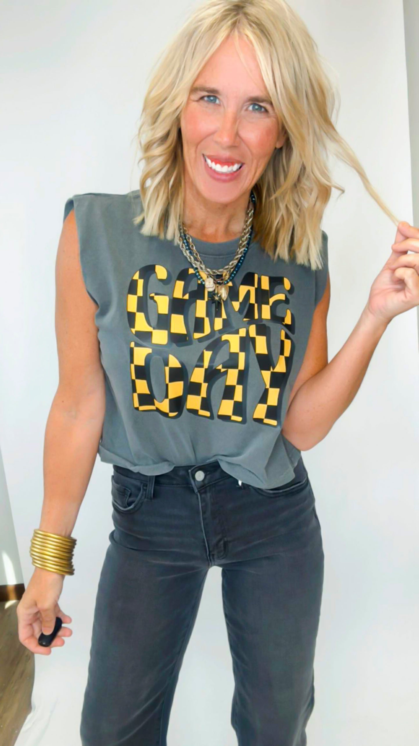 Black Gold Game Day Garment Dyed Graphic Muscle Tee
