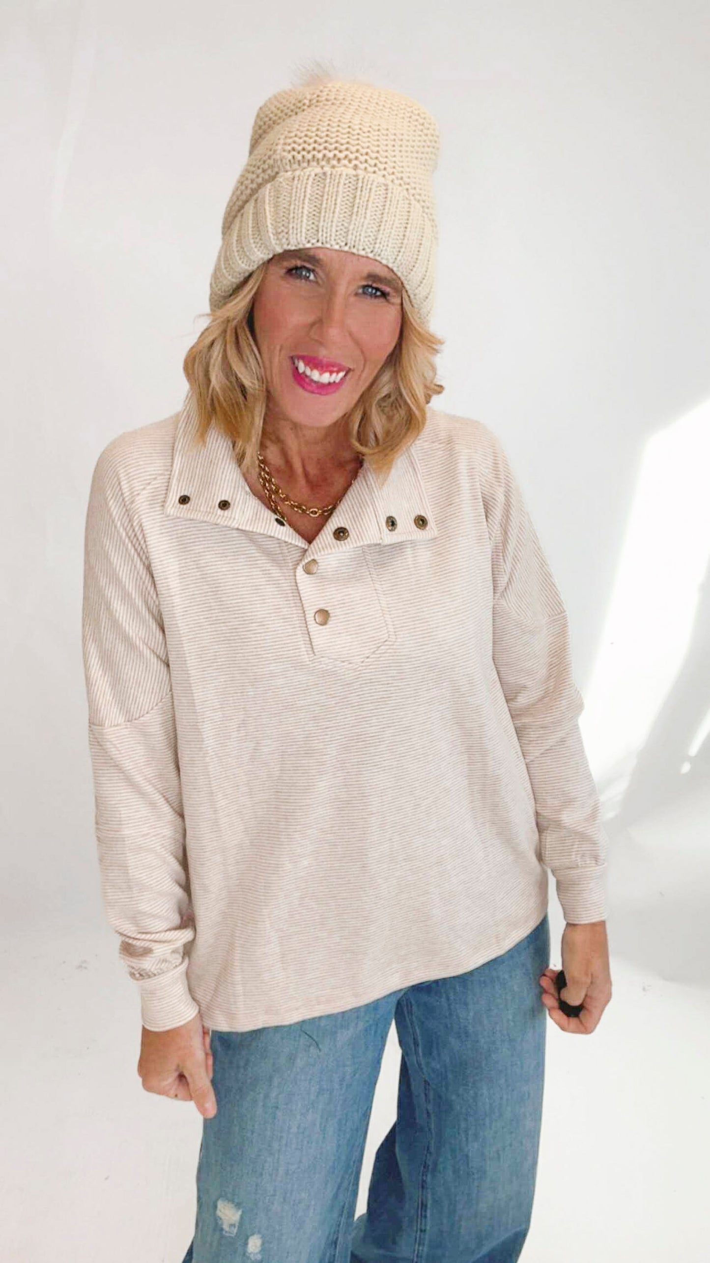 Buttery Soft Striped Knit Mock Neck Sweatshirt