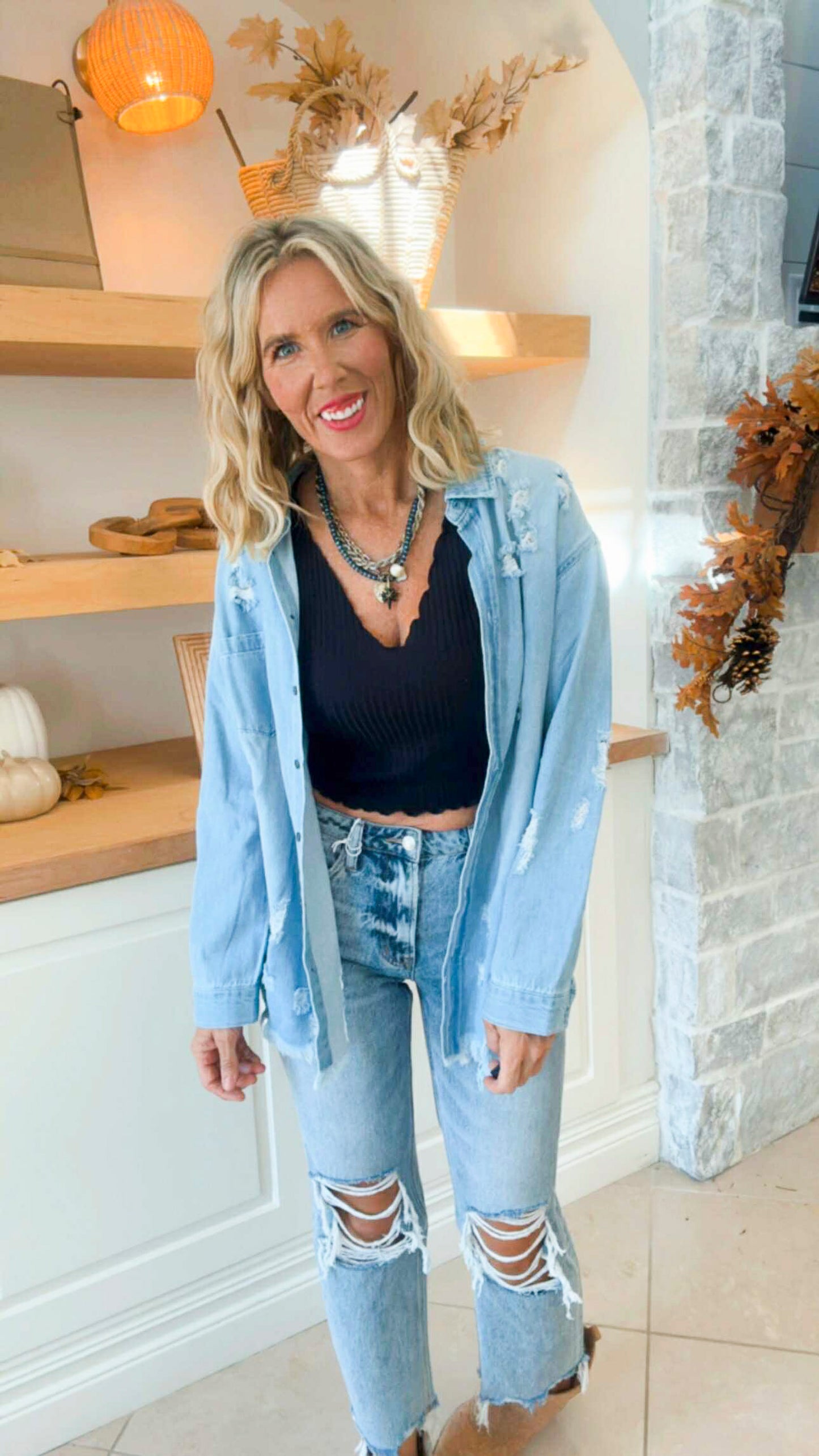 Distressed Relaxed Fit Denim Shirts | RISEN