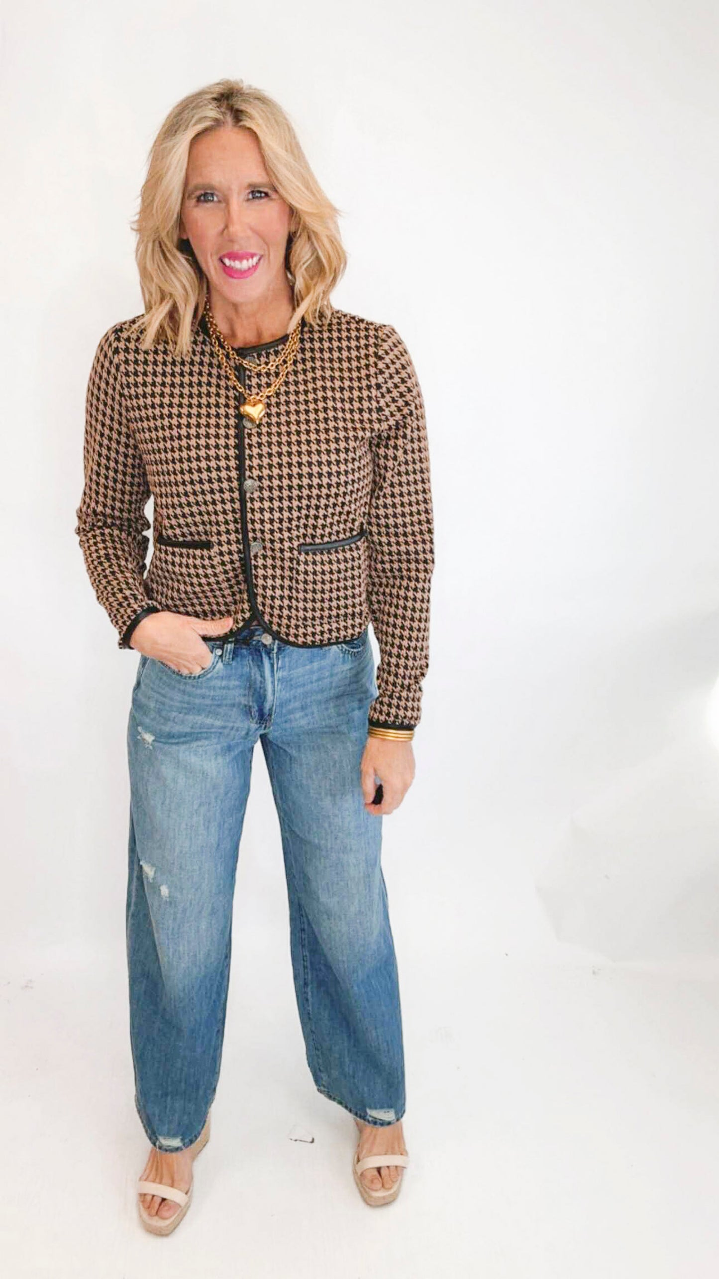 Houndtooth Jacquard Knit Cropped Cardigan