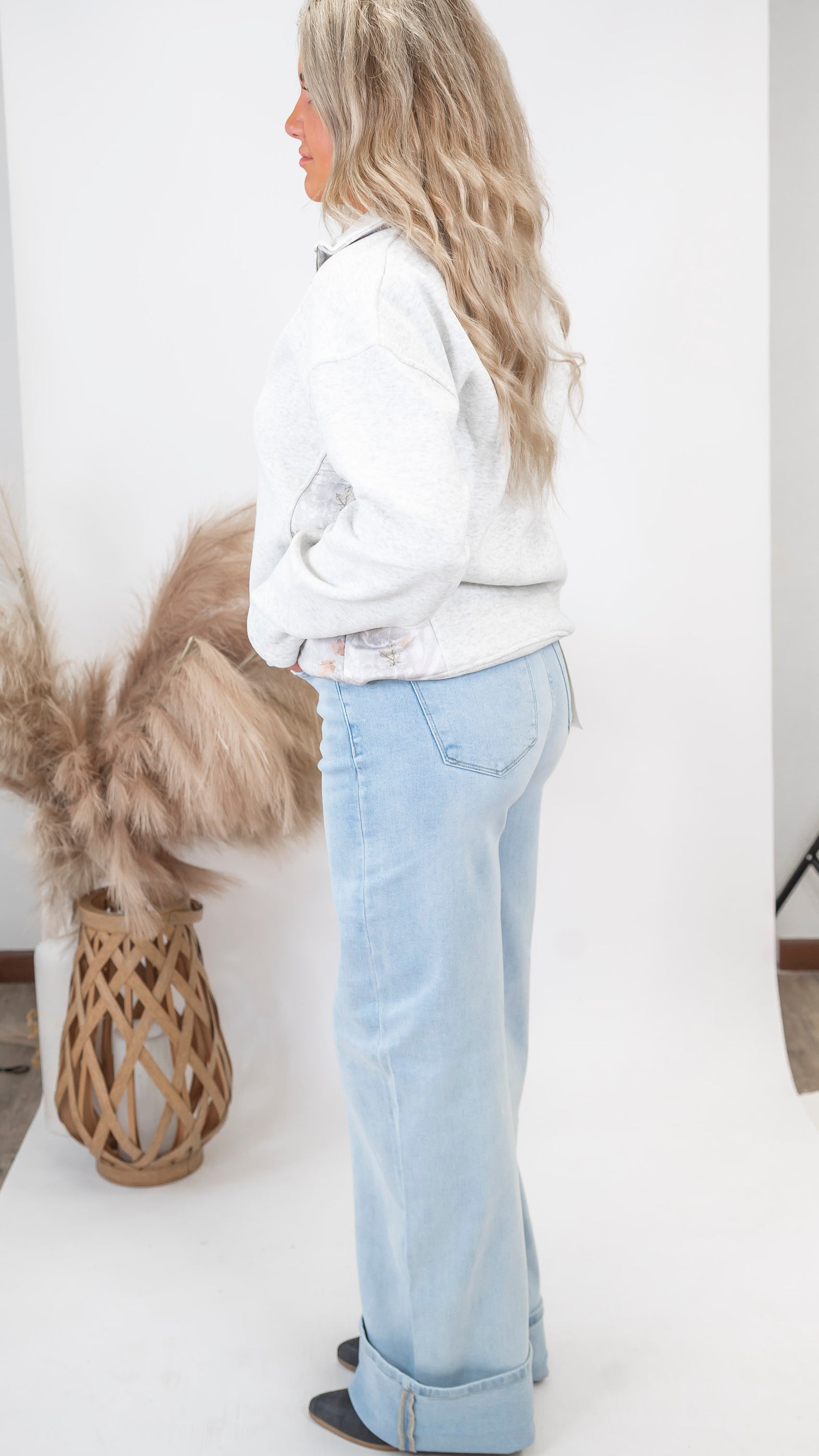 Tummy Control High Rise Wide Cuffed Denim Jeans | RISEN