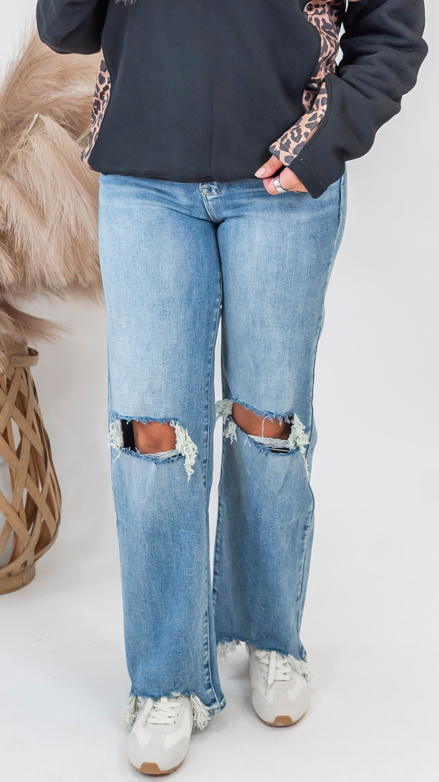 High Rise Stretch Slim Wide Leg W/ Destroyed Hem Denim Jeans