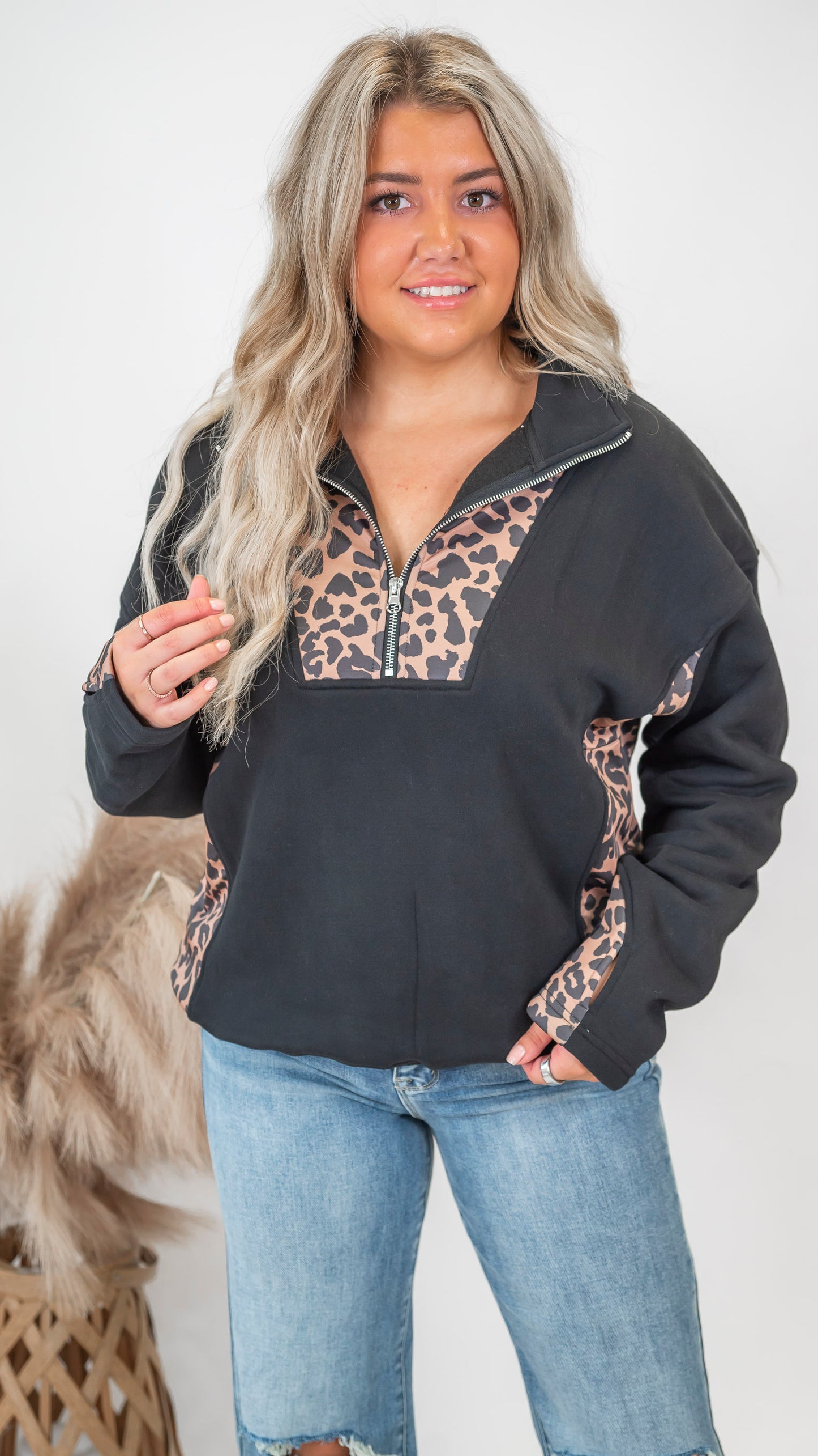 Leopard Colorblock Quarter Zip Pullover | SALTY WAVE