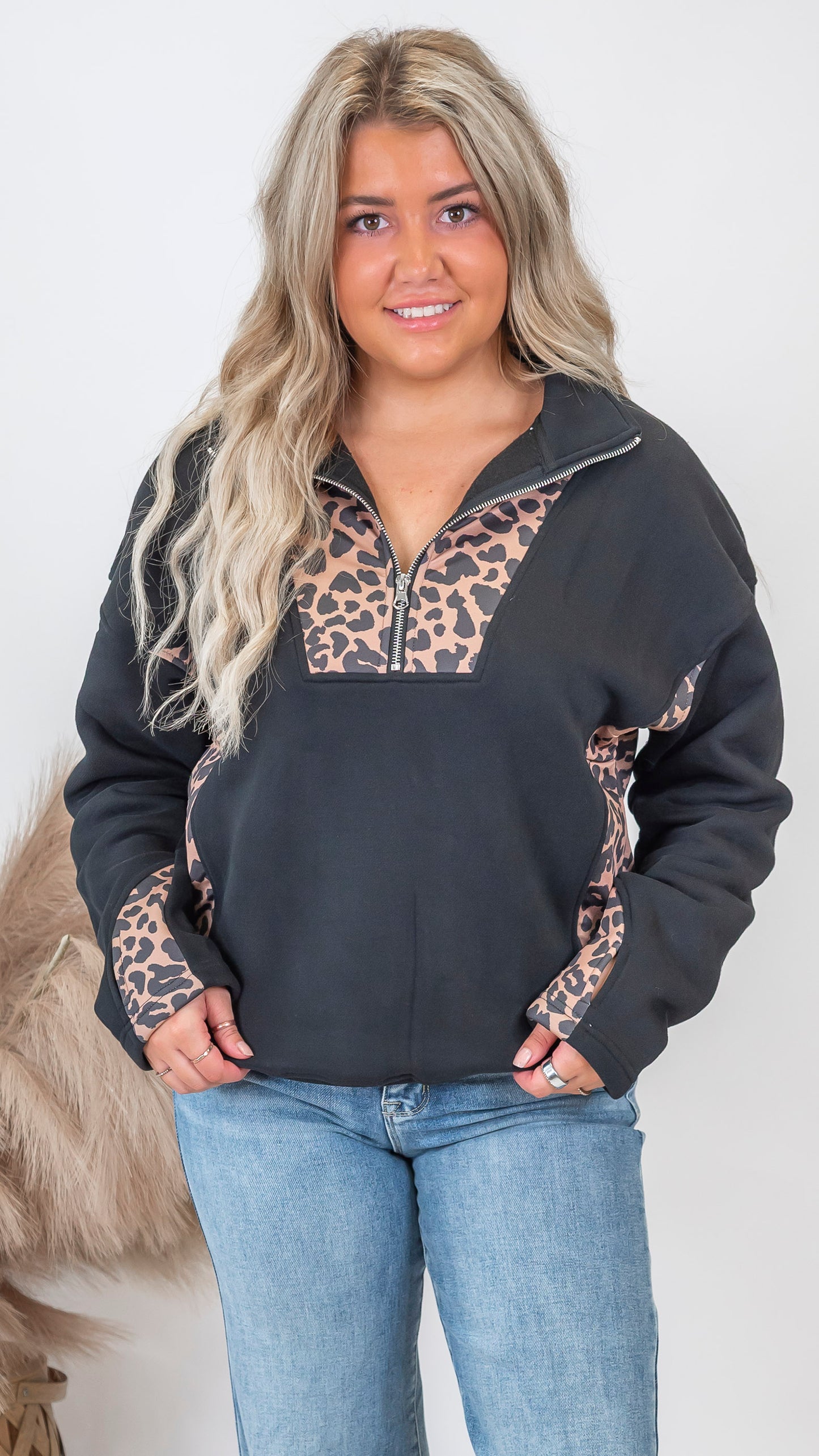 Leopard Colorblock Quarter Zip Pullover | SALTY WAVE