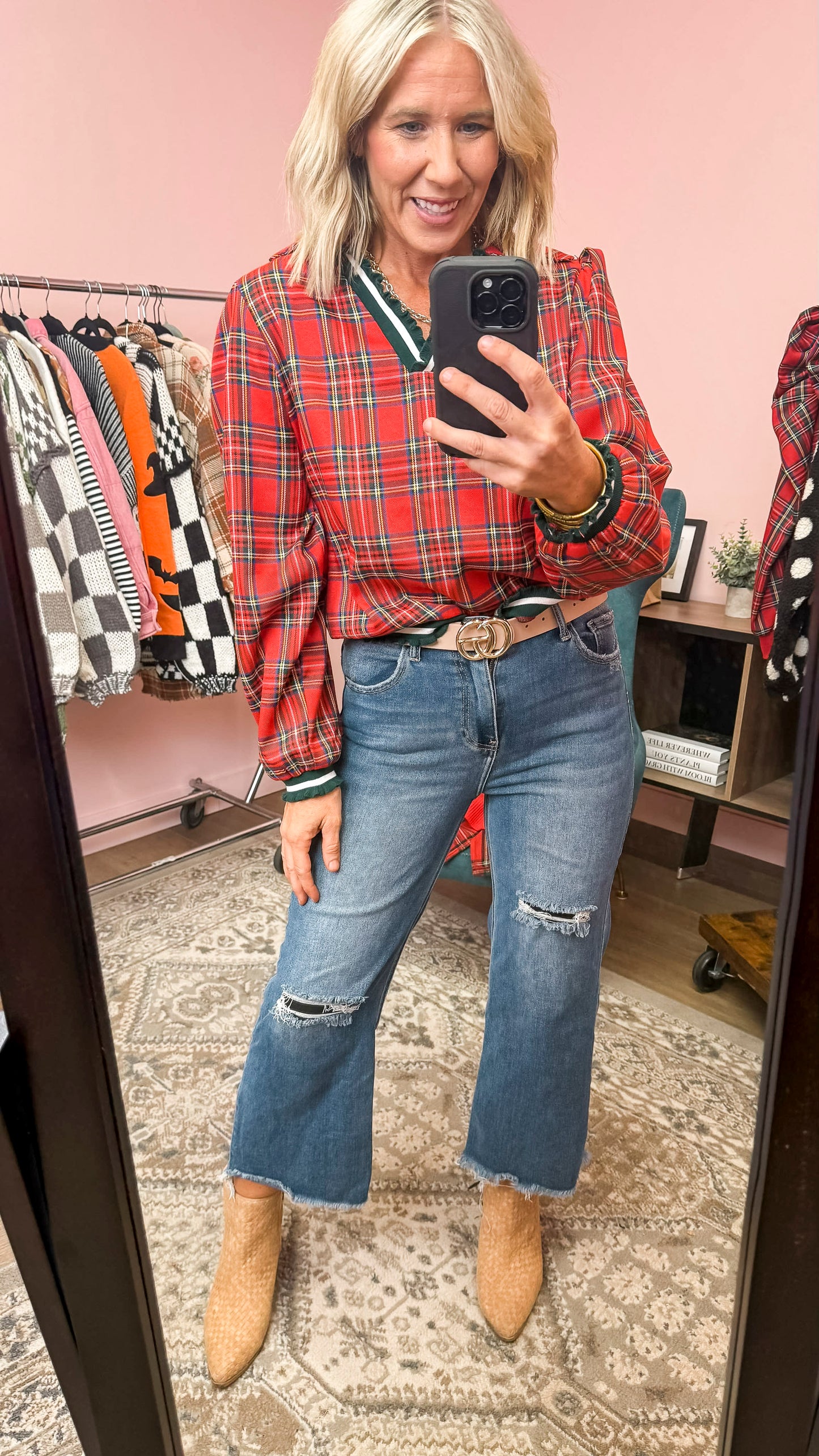 Christmas Plaid V Neck Collared Top | BIBI *LA LIVE PREORDER